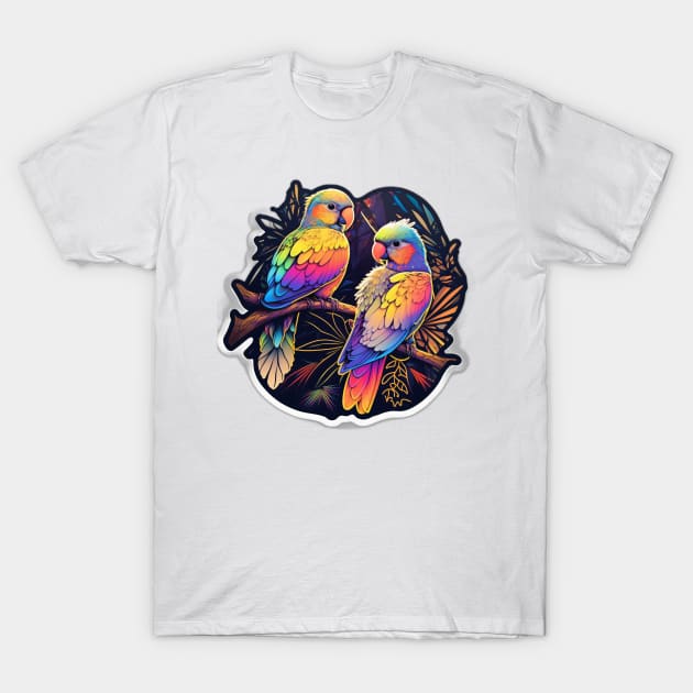 Colourful Parrots Sitting on Branch T-Shirt by Remix Rick